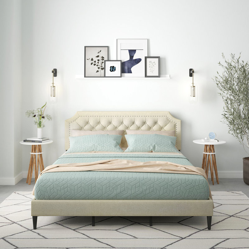 Asenet Upholstered Platform Bed, Beige, King