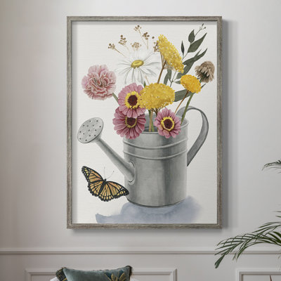«Watering Can Bouquet I», reproduction encadrée - bois massif