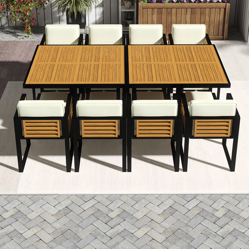 18-Pieces Acacia Wood Patio Dining Set In Beige｜ Space Saving Outdoor Patio Set｜Fixinng Ties｜Removable Cover ｜8 Cushioned Chairs & 8 Ottomans & 2 Square Table｜For Backyard, Garden, Deck And Poolside