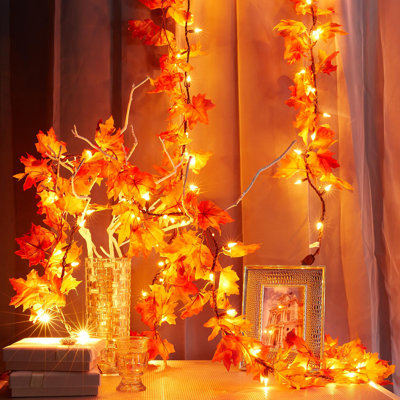 9FT Plug In Fall Garland With Lights 50 Orange Bulbs Connectable Lighted