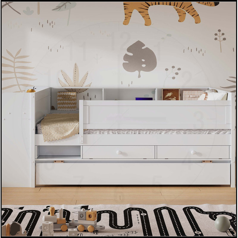 Lit de jour simple multifonctionnel avec tiroirs, lit gigogne, rangement pour tête de lit, chargement USB, Blanc