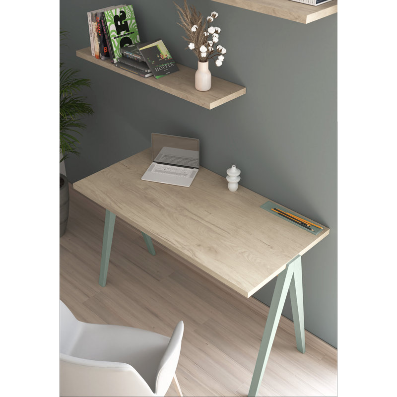 Dikili Solid Wood Base Writing Desk, Light Oak/Green