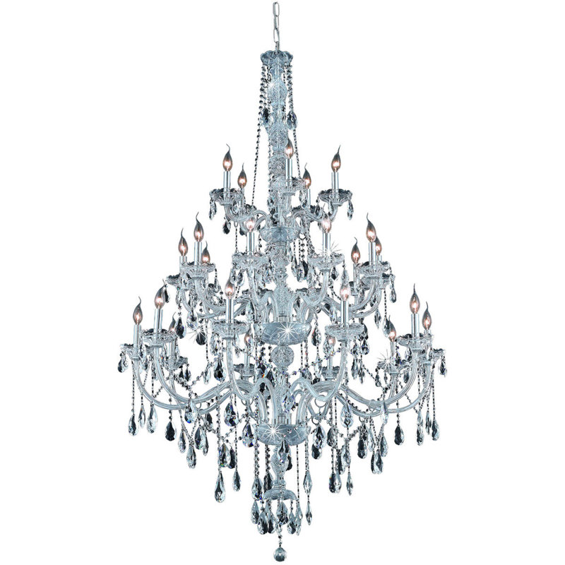 Lustre à niveaux 25 lumières de style bougie Abram, Teck doré, Coupe royale, Chrome