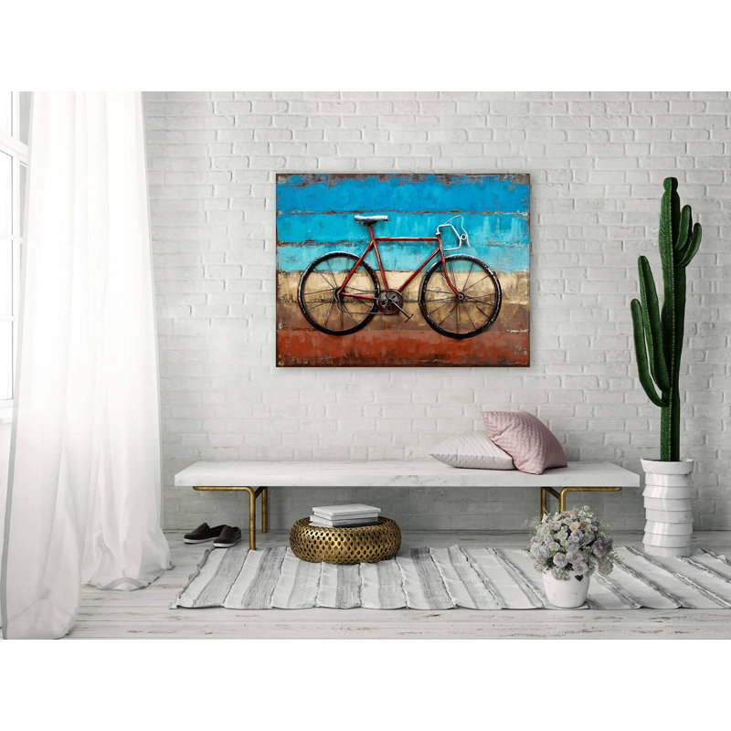Cycling to the Beach print on metal
