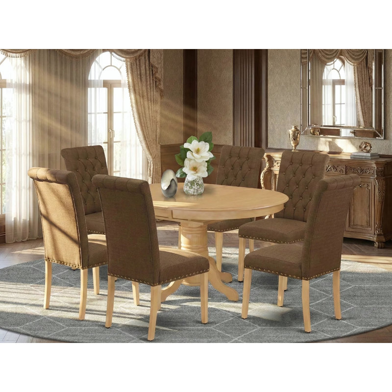 7 Piece Dining Room Furniture Set Consist of an Oval Dinner Table with Butterfly Leaf and 6 Brown Linen Fabric Parson Chairs, Oak