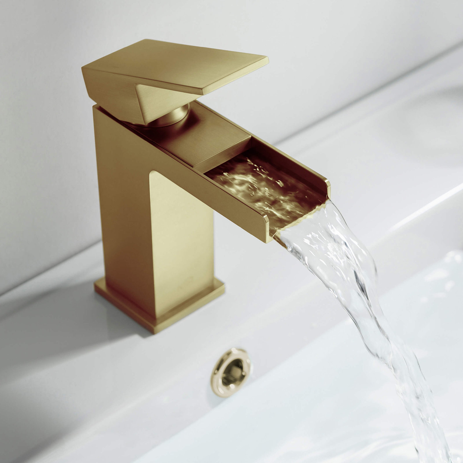 Waterfall Single Hole Bathroom Faucet, Brushed Gold, With Drain Assembly