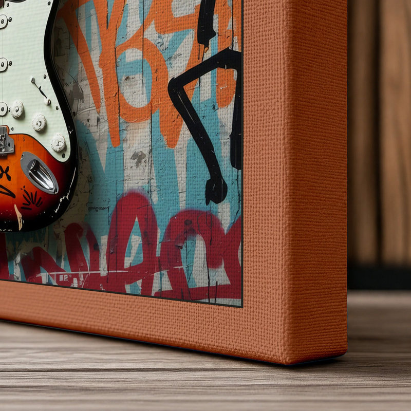 Sunburst Electric Guitar Urban Art - Wrapped Canvas, 36x24 - 91.4 x 61.0 cm, Terracotta Border