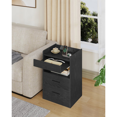 Bedside Table with Power Strip, Bedside Cabinet with Pull-Out Tray & 2 Drawers, Side Table with LED, Open Compartment, Nightstand for Living Room, Bedroom, Study