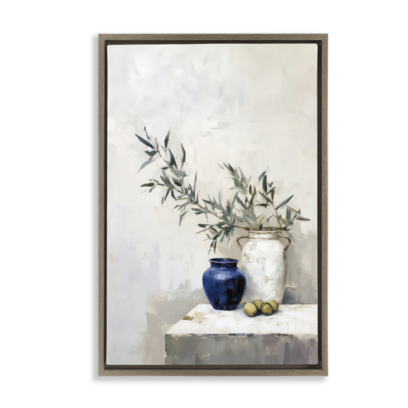 «Olives & Pottery Still Life», toile flottante encadrée par Sissi et Seb, H 31 po x l 21 po, Cadre flottant orme Montalcino