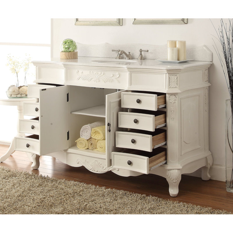 Meuble-lavabo autoportant traditionnel Morton de 56 pouces, blanc antique, collection Benton, lavabo simple, comptoir en quartz blanc, entièrement assemblé