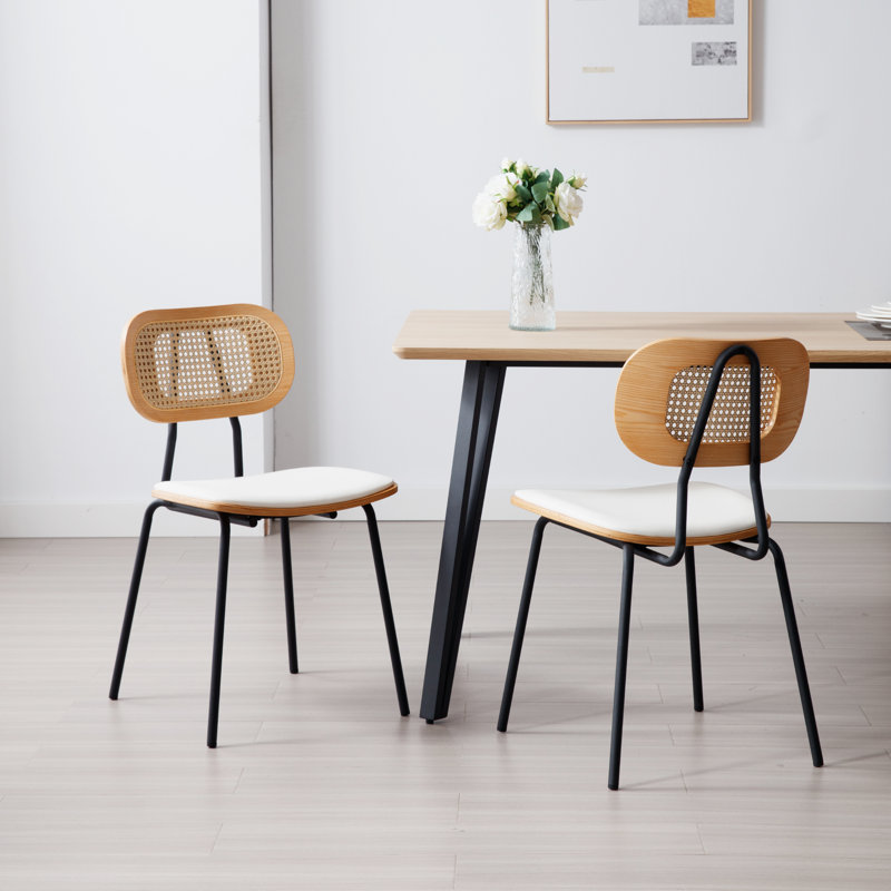 Modern Rattan Dining Chairs Upholstered Faux Leather Dining Room Chairs with Rattan Backrests and Metal Legs Armless Kitchen Chairs for Dining Room