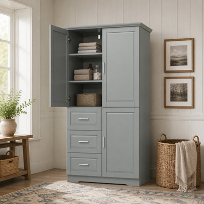 Tall And Wide Storage Cabinet With Doors For Bathroom/Office, Three Drawers