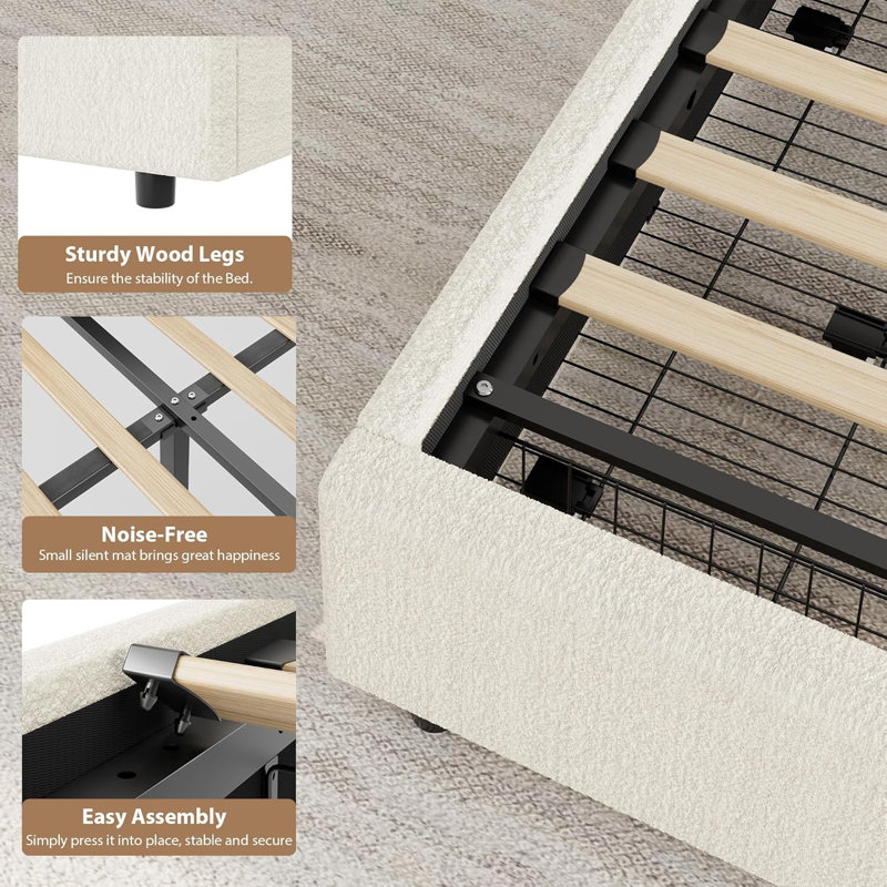 Structure de lit avec tiroirs de rangement, lit plateforme tapissier Boucle avec tête de lit ronde, Beige, Simple