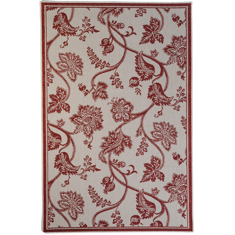 Motif floral rouge/Ivoire intérieur/Tapis décoratif extérieur à tissé plat caudill, Rectangle 2 pi x 3 pi 7 po