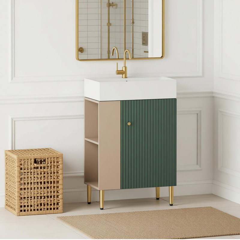 Meuble-lavabo à tablettes ouvertes 21,6 po avec lavabo en céramique et porte à fermeture douce, assemblage requis, Vert