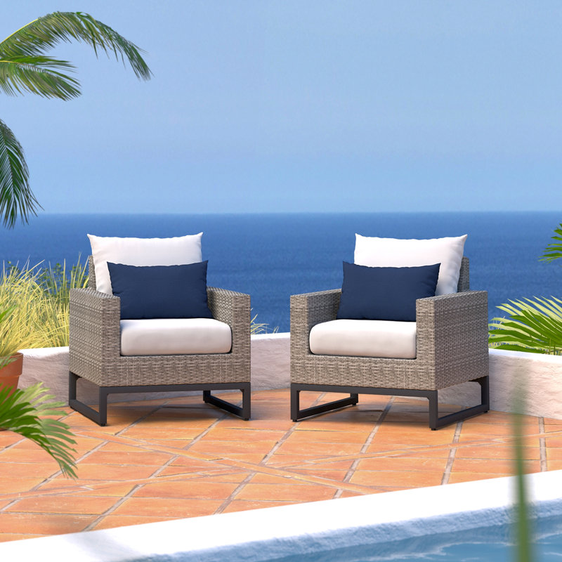 2Pc Sunbrella Outdoor Club Chairs - Grey, Gray, Navy Blue