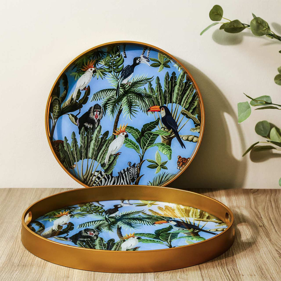 Akasya 2 piece Glass Decoration Tray for Living Room Decor, Agate Design Round Plastic Serving Tray