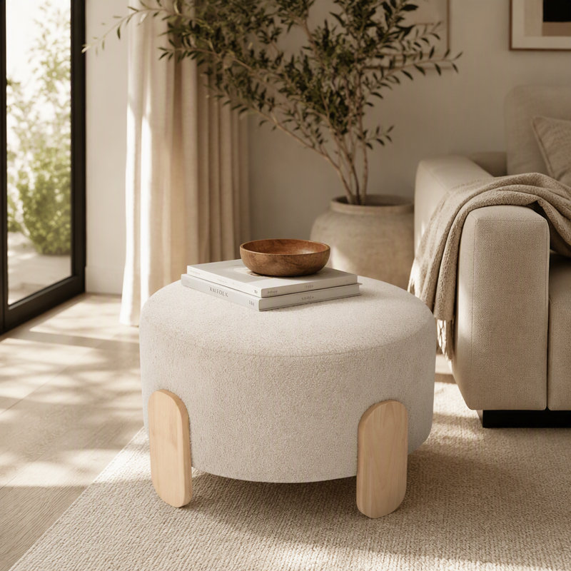 Repose-pieds rond de 24,8 pouces avec tissu en peluche doux et pieds en bois naturel, parfait pour la maison et le bureau