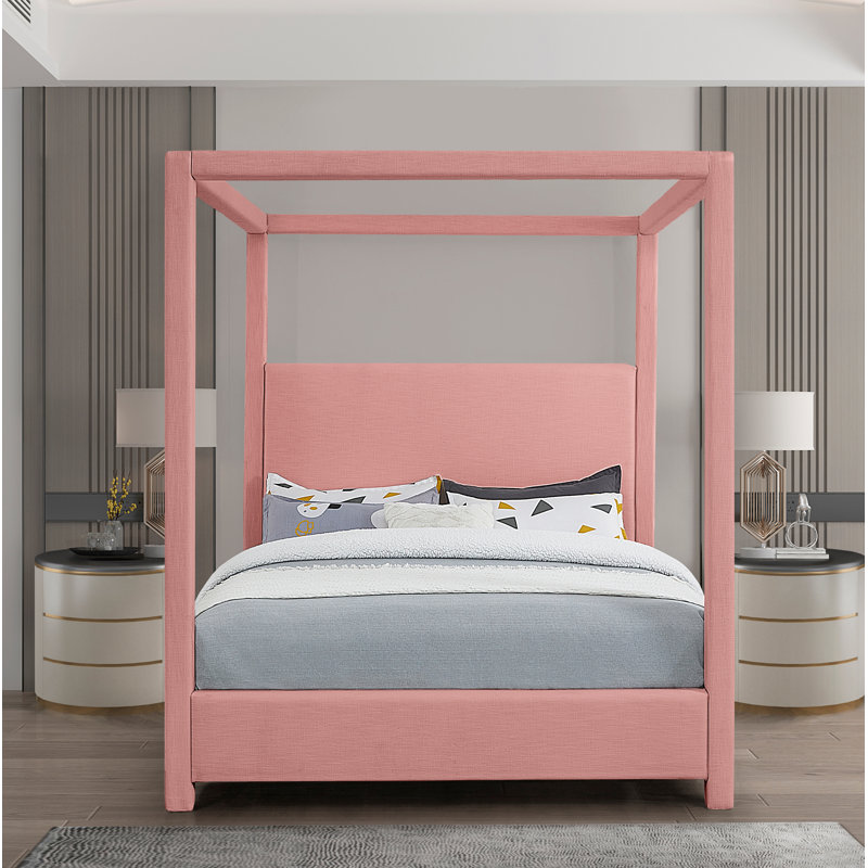 Upholstered Canopy Bed, Queen, Pink Linen