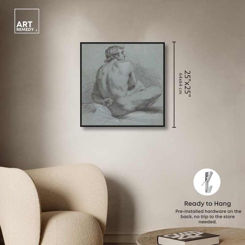 Art figuratif assis sur un nu masculin 1786 par Art Remedy, Cadre flottant noir, H 25 po x l 25 po x P 1,8 po