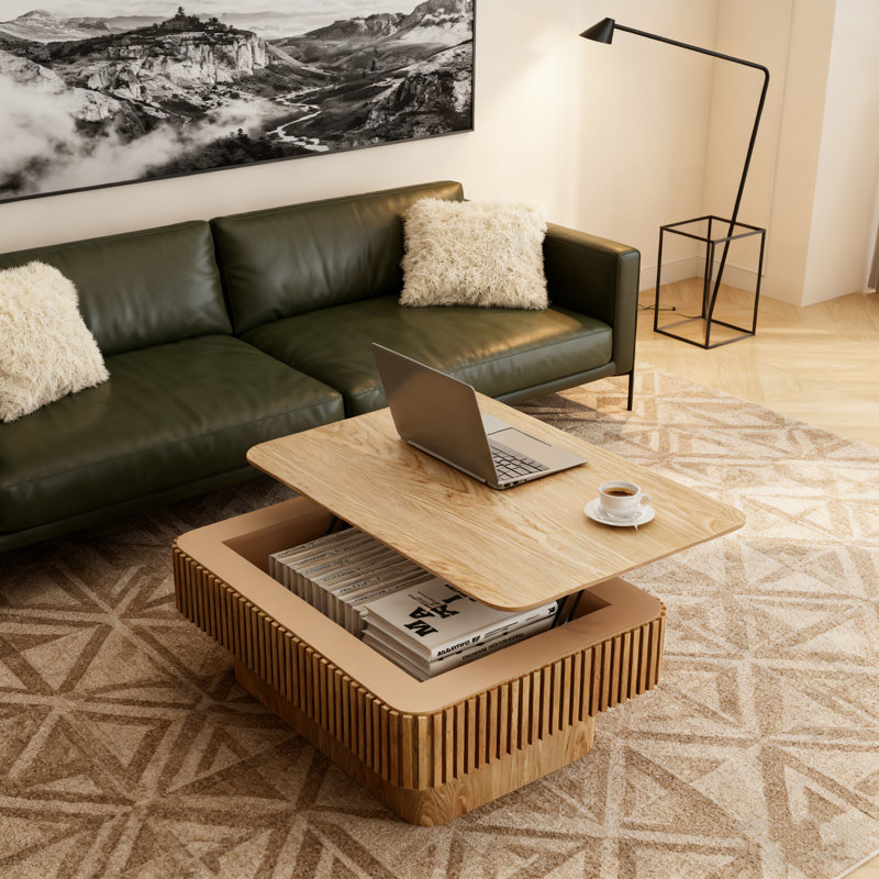 Table basse 38,6 po à plateau relevable cannelé en bois massif avec placage en bois massif, table basse moderne avec rangement et hauteur réglable pour le salon, la chambre à coucher, un appartement ou un bureau, en bois naturel
