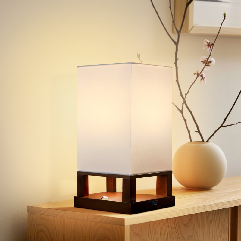 Maxwell 14 in. LED Bedside Table Lamp with Fabric Square Shade Bundle (Set of 2), Brown, 2700K