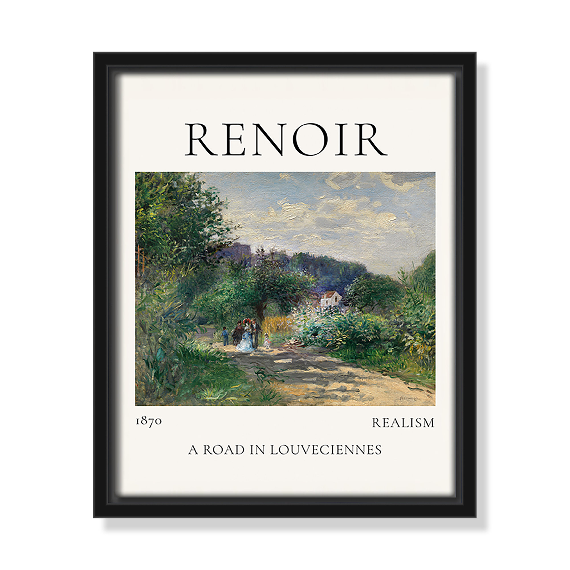 Old Masters Collection " A Road In Louveciennes " by Auguste Renoir, Black Floater Frame, 11.5" H x 9.5" W x 2" D, No