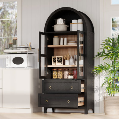 71" Tall Arched Kitchen Pantry Cabinet With 2 Large Drawers, Modern Farmhouse Kitchen Storage Cabinets With Adjustable Shelves, Glass Door, Wood Versatile Cupboard For Kitchens, Dining Room, Black