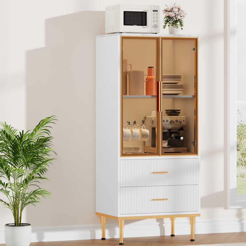 55" Freestanding  Display Cabinet, Modern Pantry Cabinet with Glass Doors, 2 Shelves, and 2 Fluted Drawers, White