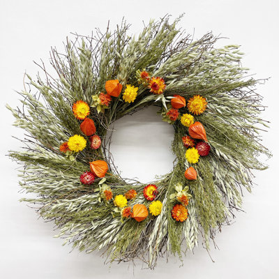 Natural Dried Flower Avena, Sweet Annie, Safflower, Lanterns, and Fall Strawflowers Wreath