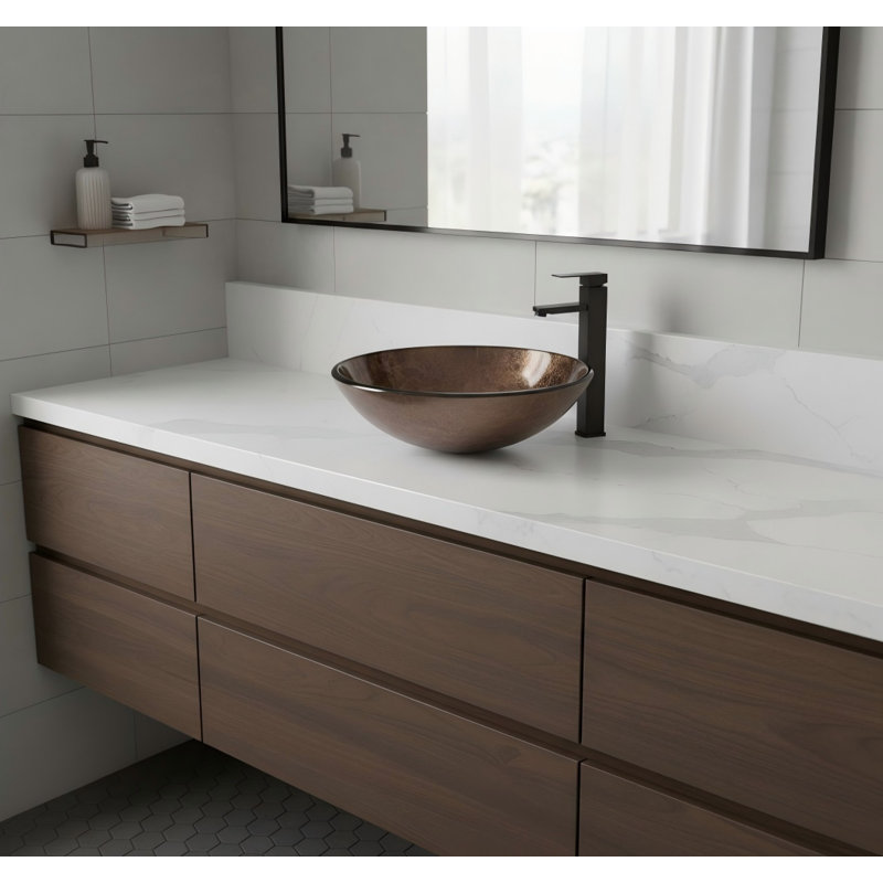 Lavabo de salle de bain vasque rond en verre trempé avec robinet noir et bonde escamotable, brun