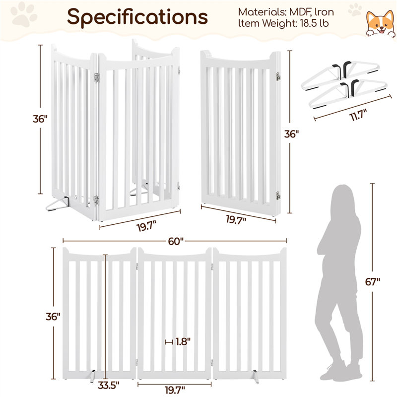 Free Standing Wooden Pet Gate, White, 36" H x 60" W x 1" D