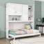 Lit escamotable simple en bois avec armoire, tablettes, éclairage intégré et ports USB-1303295386