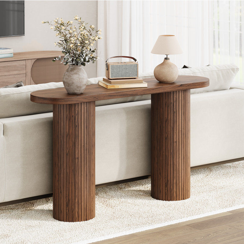 55'' Tambour Console Table With Oval Tabletop and Double Base For Living Room Hallway Foyer Entrance Study, Walnut