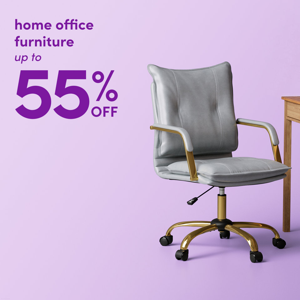 Home office furniture sale up to 55% off, featuring a modern grey office chair with a gold base against a lavender background.