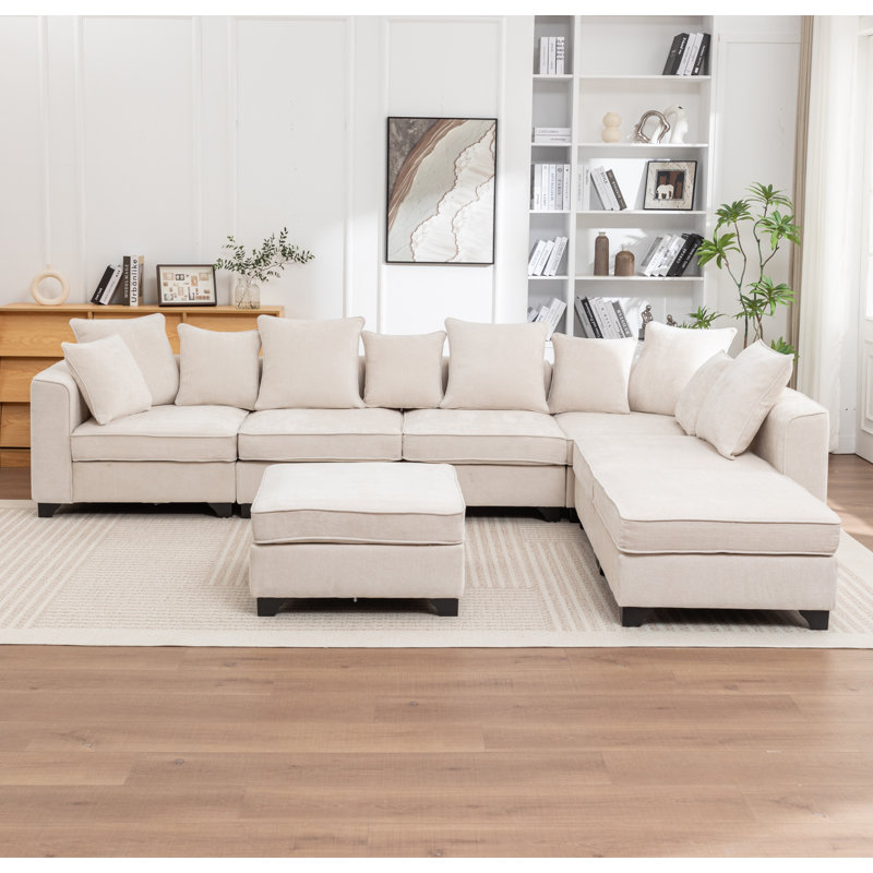 Canapé modulaire en L 7 pièces Bennett, Chenille beige