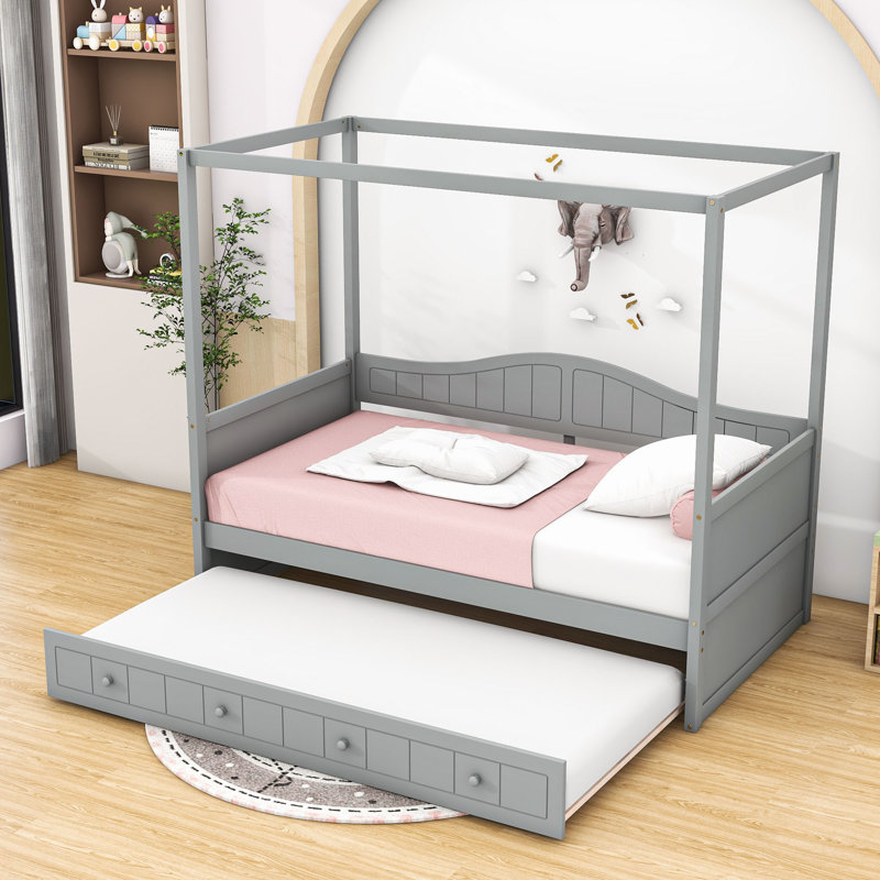 Twin Canopy Daybed with Twin Trundle and Sturdy Slats, Gray
