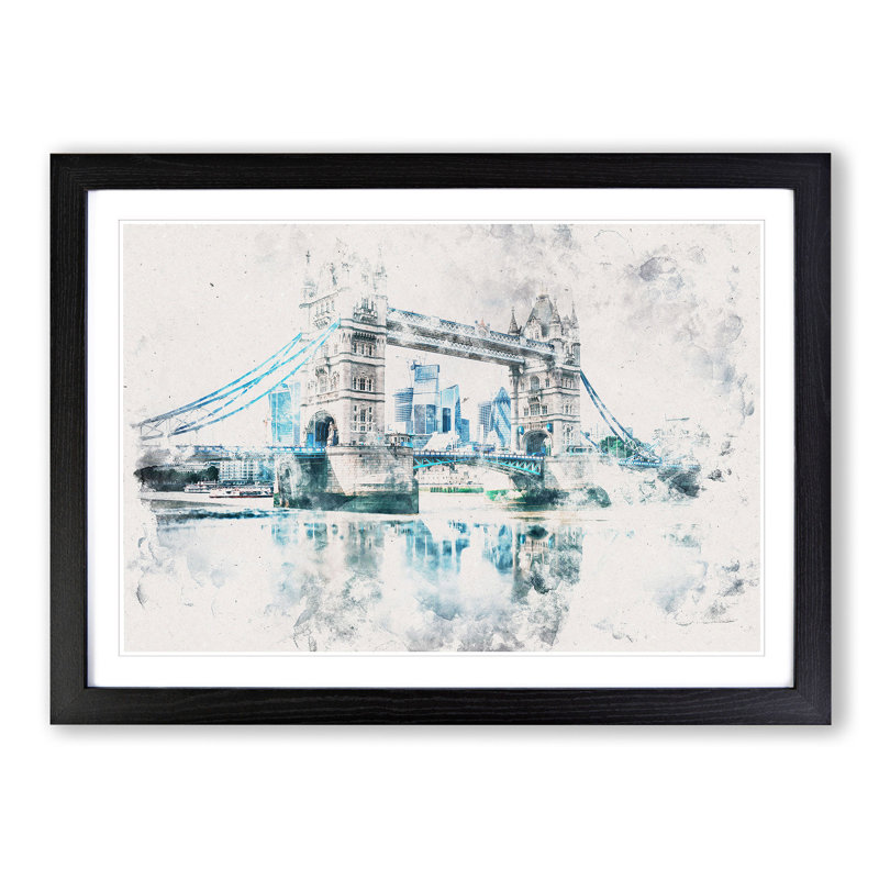 London Bridge Watercolour - Framed Print, 24cm H x 33cm W x 2cm D, Black Framed