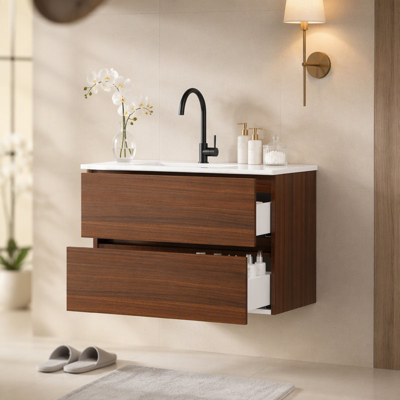 Meuble-lavabo mural 32 po avec tiroirs doubles, système de fermeture en douceur, évier en céramique, conception sans poignée, bois massif, facile à installer, le robinet n'est pas inclus, noyer