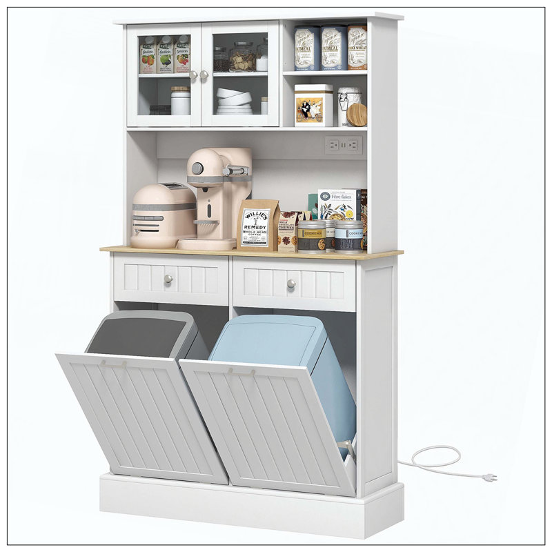 Kitchen Pantry Storage Cabinet With Charging Station, 2 Tilt Out Trash Cabinets And Microwave Stand, Freestanding Kitchen Hutch With Glass Doors And Adjustable Shelf