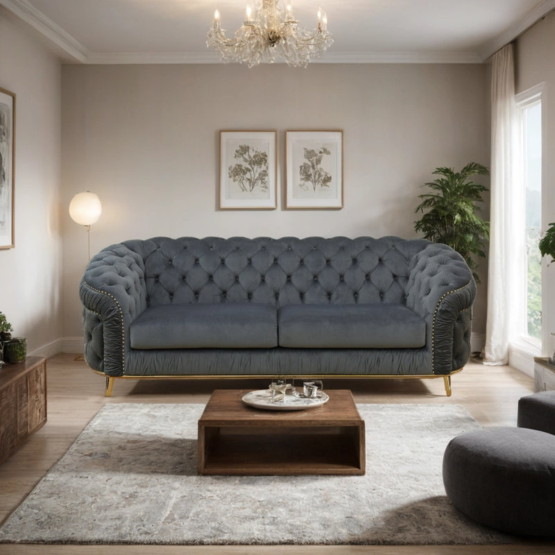 Ilidio Round Arm Sofa, Gray Velvet, 32'' H X 90'' W X 24'' D