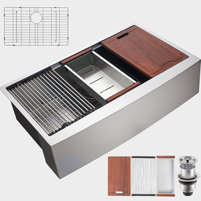 Évier de cuisine en acier inoxydable 304, cuve simple avec rebord et accessoires pour poste de travail efficace, 33 po