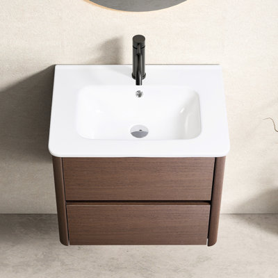 Meuble-lavabo mural de 61 cm (24 po) avec lavabo et tiroir, style américain, contreplaqué brun foncé, céramique cuite à 1280 °C, poignée de tiroir lisse, lavabo en porcelaine, ouverture et fermeture sans effort