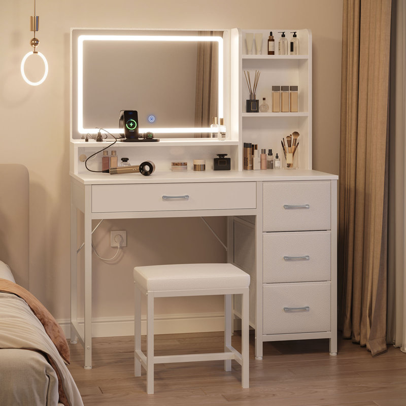 White and Gold Vanity Desk Set with LED Mirror & Lights, 4 Drawers, Power Outlets, Upholstered Stool | Makeup Dressing Table for Bedroom