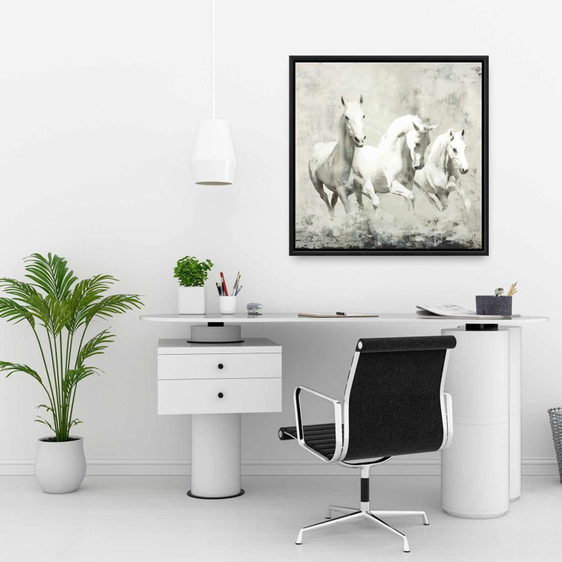 Trois chevaux blancs qui courent sur toile | Décoration de ferme de l'Ouest