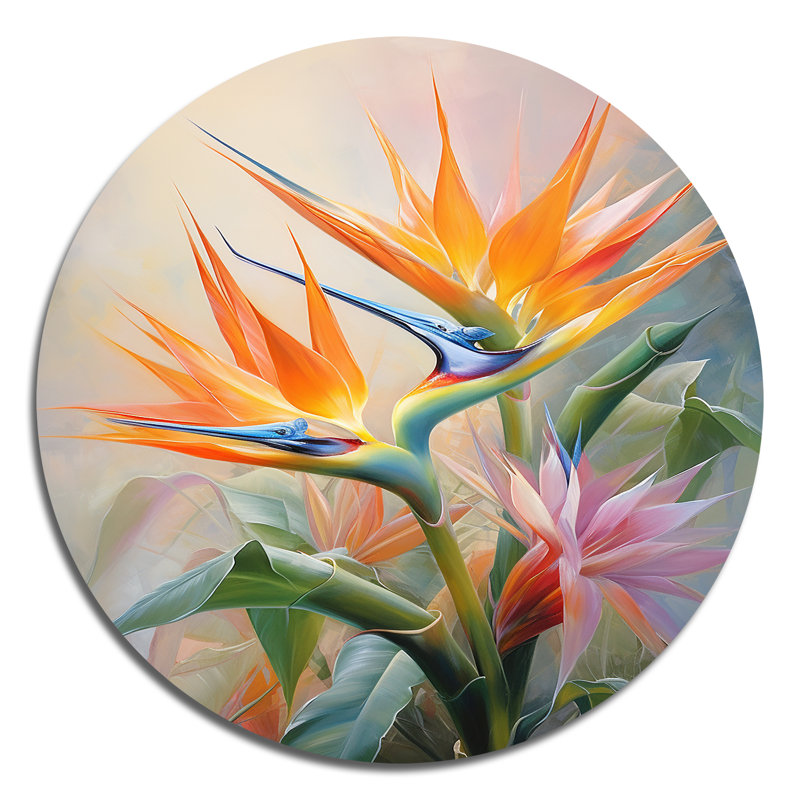 Oiseaux de paradis romantique IV - Art floral rond en métal, H 16 po x l 16 po