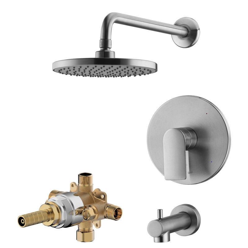 Wedge Collection Shower System: 8" Round Shower Head, Single Handle Set, Tub Spout, & Rough-in Valve Included - Brushed Nickel