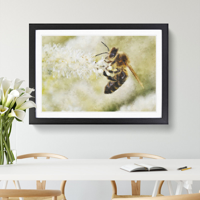 Bee Collecting Pollen Vol.1 - Picture Frame Painting on MDF, 27cm H x 36cm W x 2cm D, Black Framed