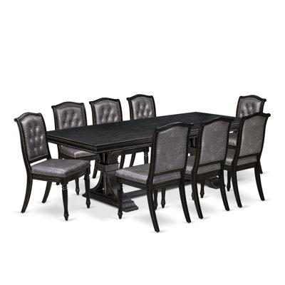 9-piece Dining Table Set consists of a Dining Table and 8 Dark Grey PU Leather Modern Dining Chairs with Button Tufted Back - Sand Blasting Black Finish