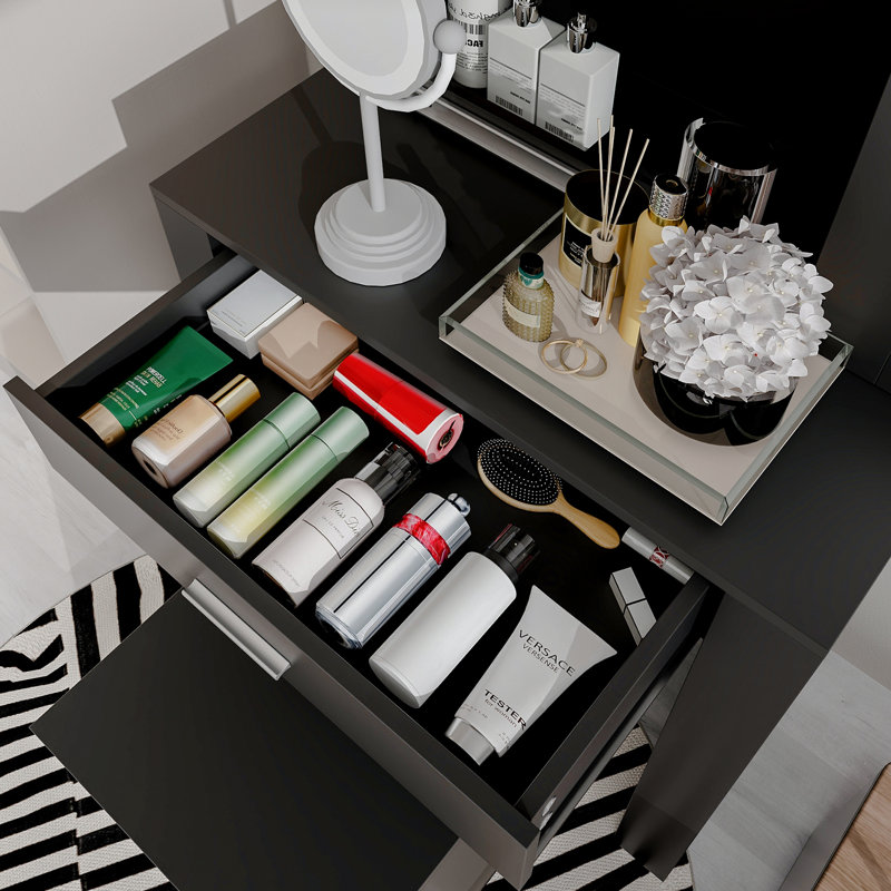 Ensemble de coiffeuse, bureau de coiffeuse, table de maquillage avec miroir, tabouret, tablettes de rangement et tiroir Makeda